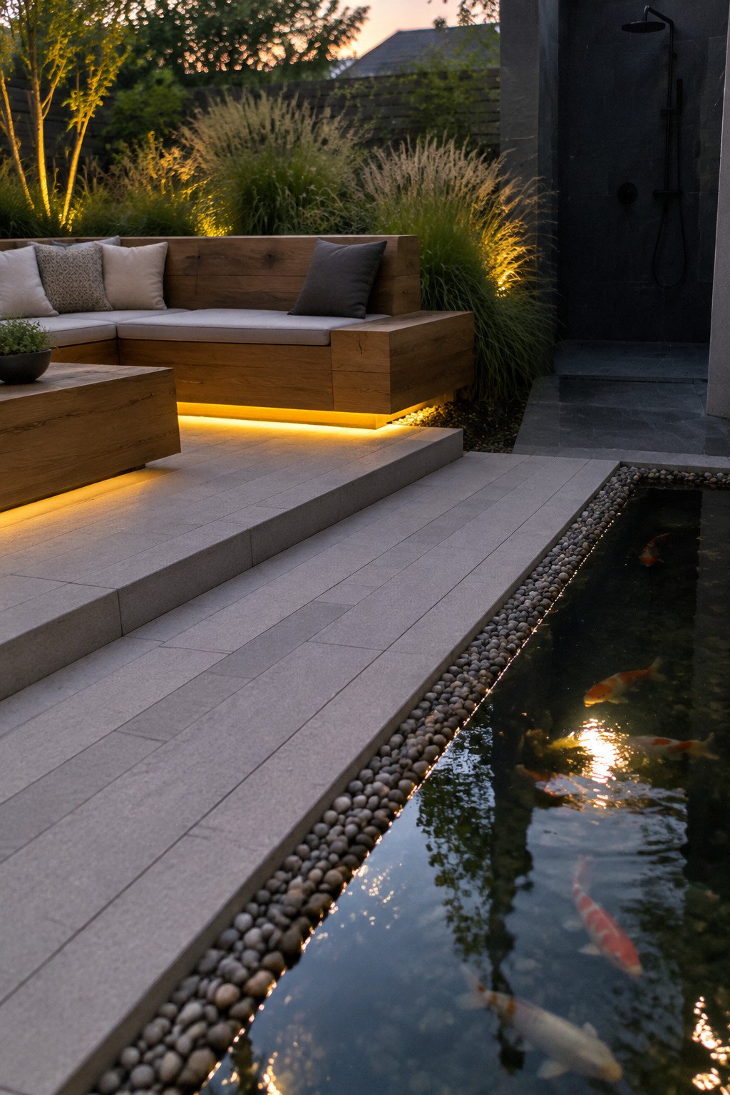 A modern backyard shows a gray paver patio with wooden bench seating beside a long narrow pond edged in pebbles and filled with koi fish.