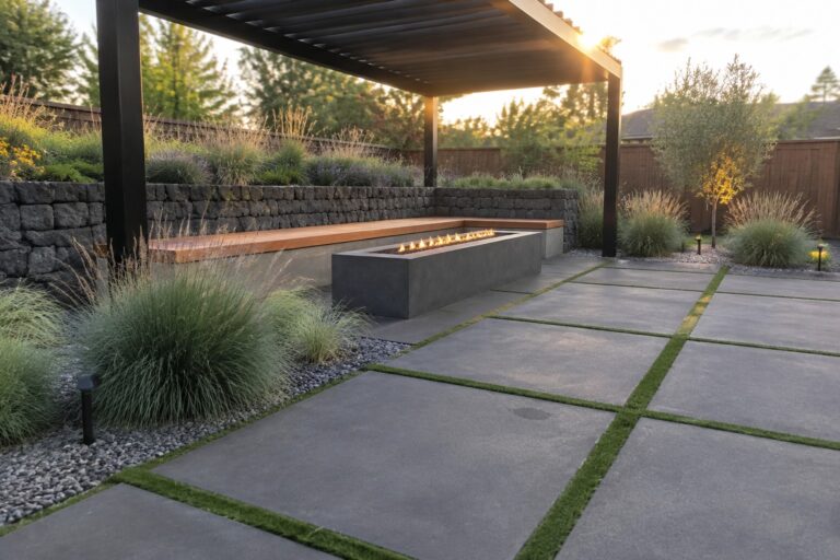 A modern backyard patio with large gray concrete pavers separated by strips of green grass, a linear concrete fire pit, built-in bench seating, and a black metal pergola.