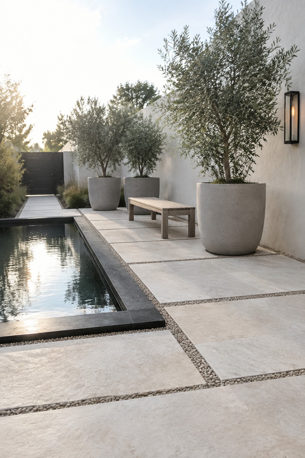 Modern courtyard with pool, stone pavers, olive trees in concrete planters, and wooden bench.