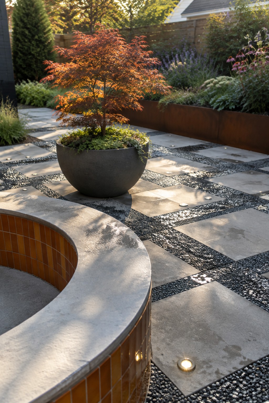 A backyard patio made of large square pavers separated by dark gravel bands, with a round gray planter holding a red-leafed tree and a curved tiled structure in the foreground.