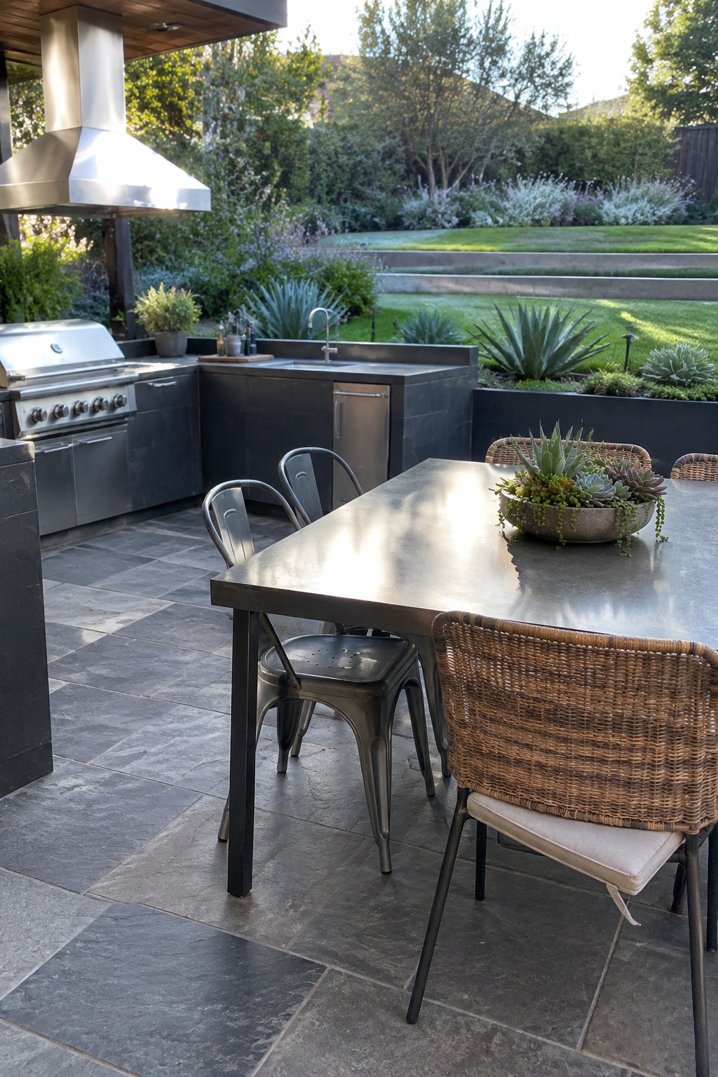 An outdoor kitchen with stainless appliances and a long metal dining table on dark paver stones, with mixed chairs and a central plant arrangement.