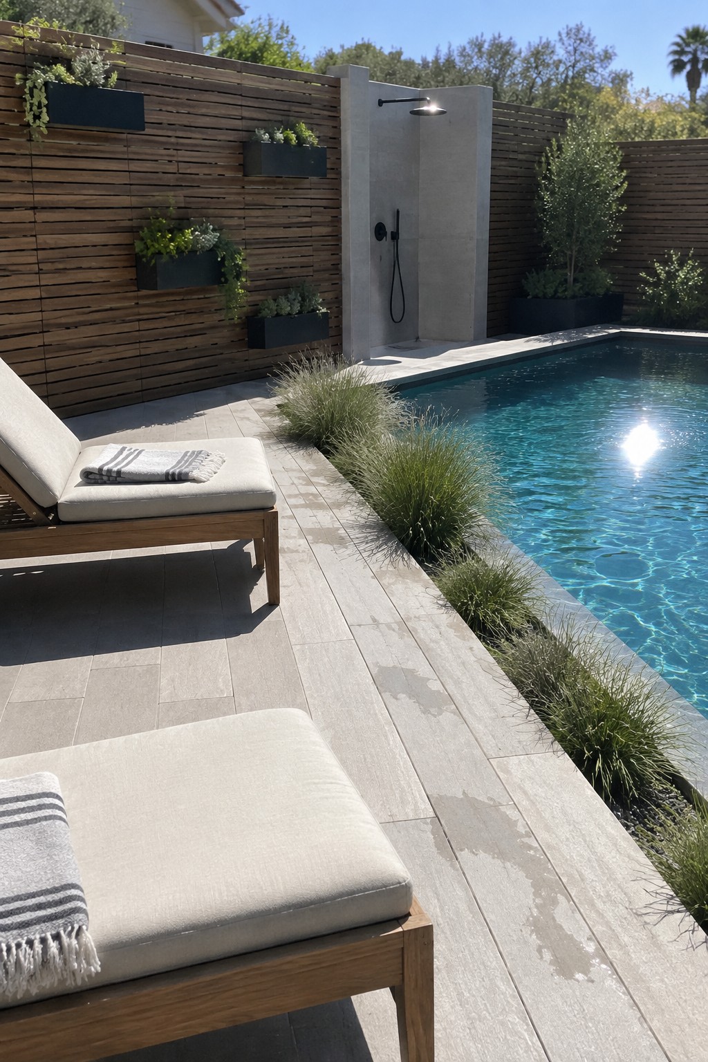 A modern backyard with a rectangular pool, gray paver patio, two wooden lounge chairs, an outdoor shower on a concrete wall, and a wooden fence lined with black planters.