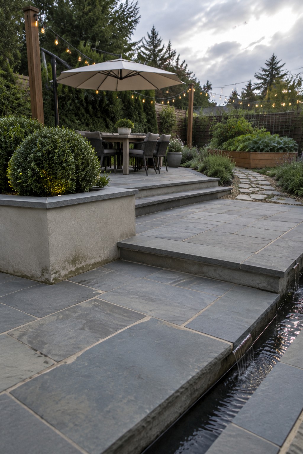 A multi-level stone paver patio with steps, an integrated water channel along the edge, and an upper dining area under an umbrella.