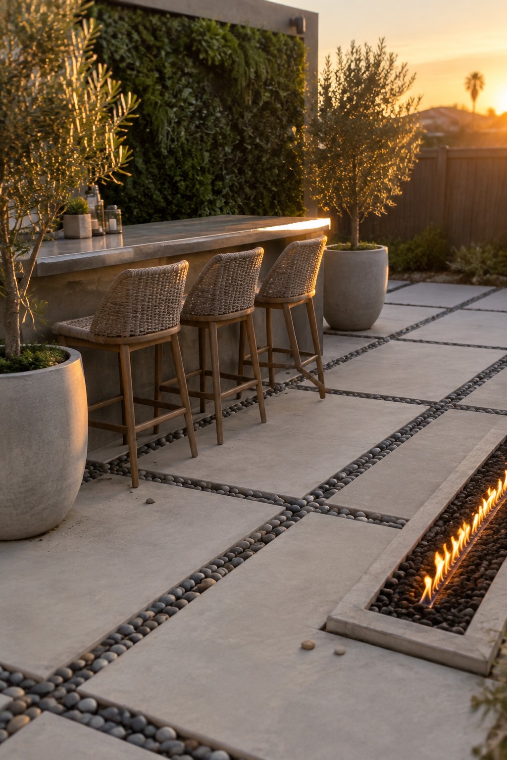 Modern concrete bar with woven stools, linear fire pit, and potted trees at sunset