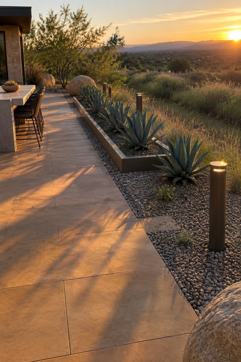 A concrete paver patio runs beside a long raised planter bed containing agave plants and gravel, with cylindrical path lights and desert landscaping visible.