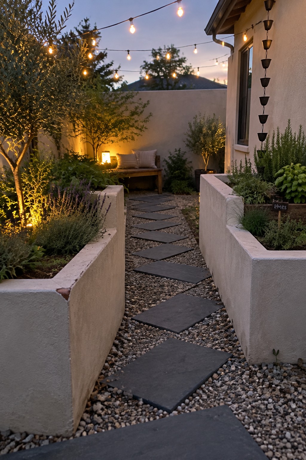A backyard garden path of dark rectangular pavers set into gravel, running between two tall concrete raised planters filled with herbs and shrubs under string lights at dusk.