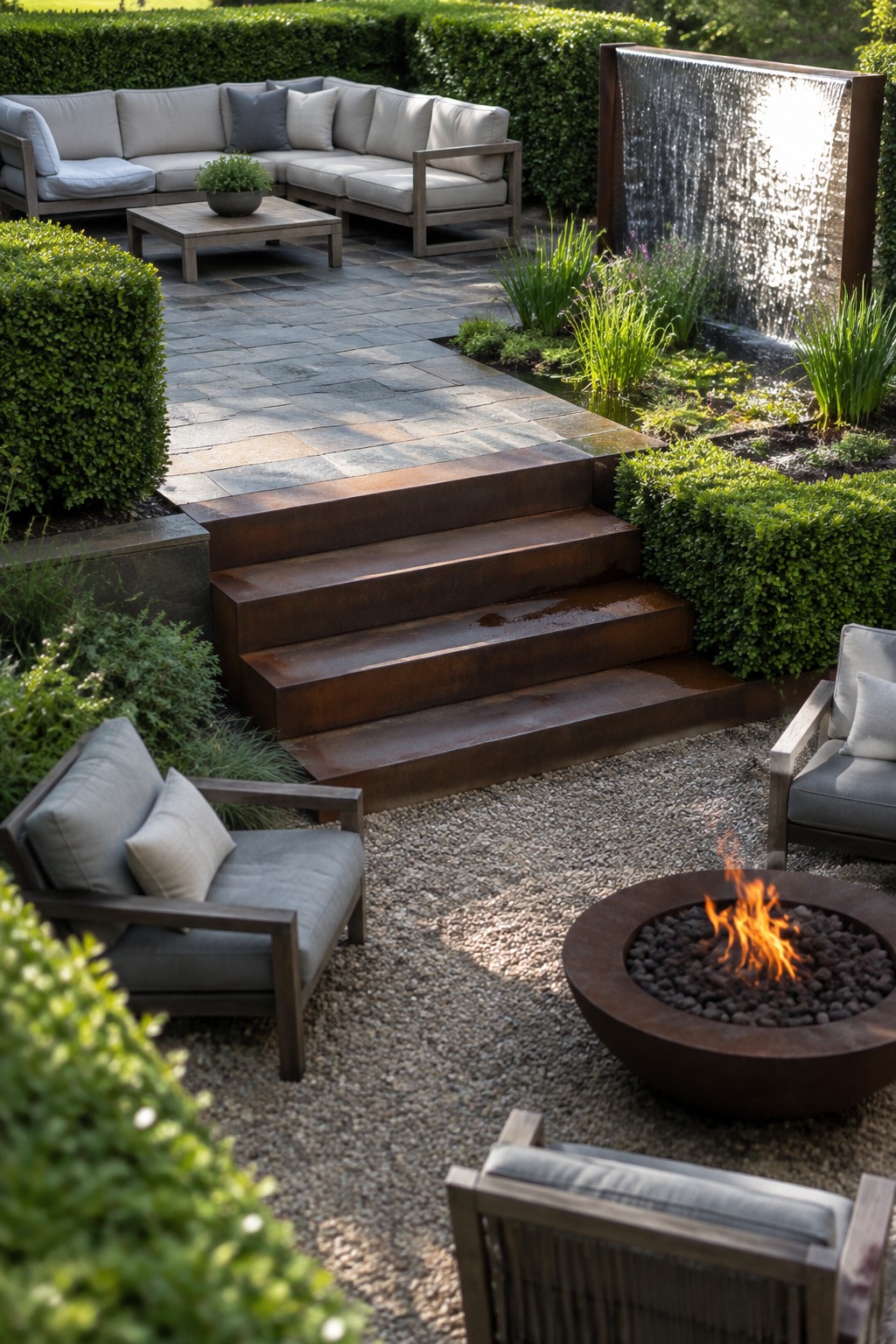 A modern backyard with a raised stone paver patio, metal steps leading down to a gravel area with a round fire pit, and outdoor seating arranged around both levels.