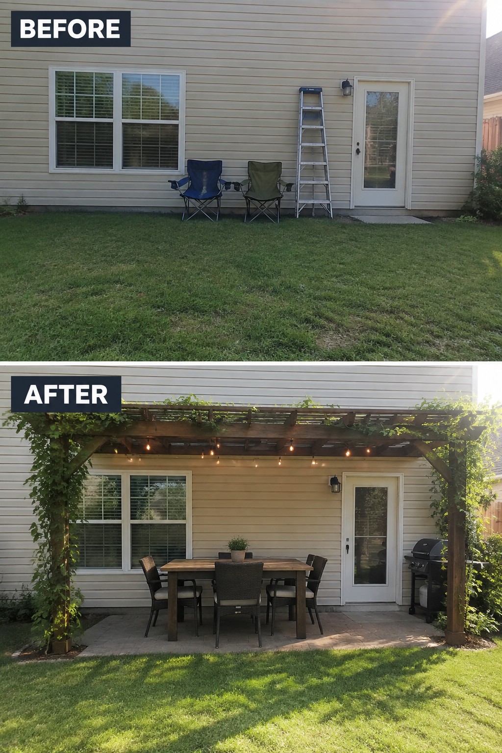 Before and after backyard: lawn with chairs and ladder, now patio with pergola and table