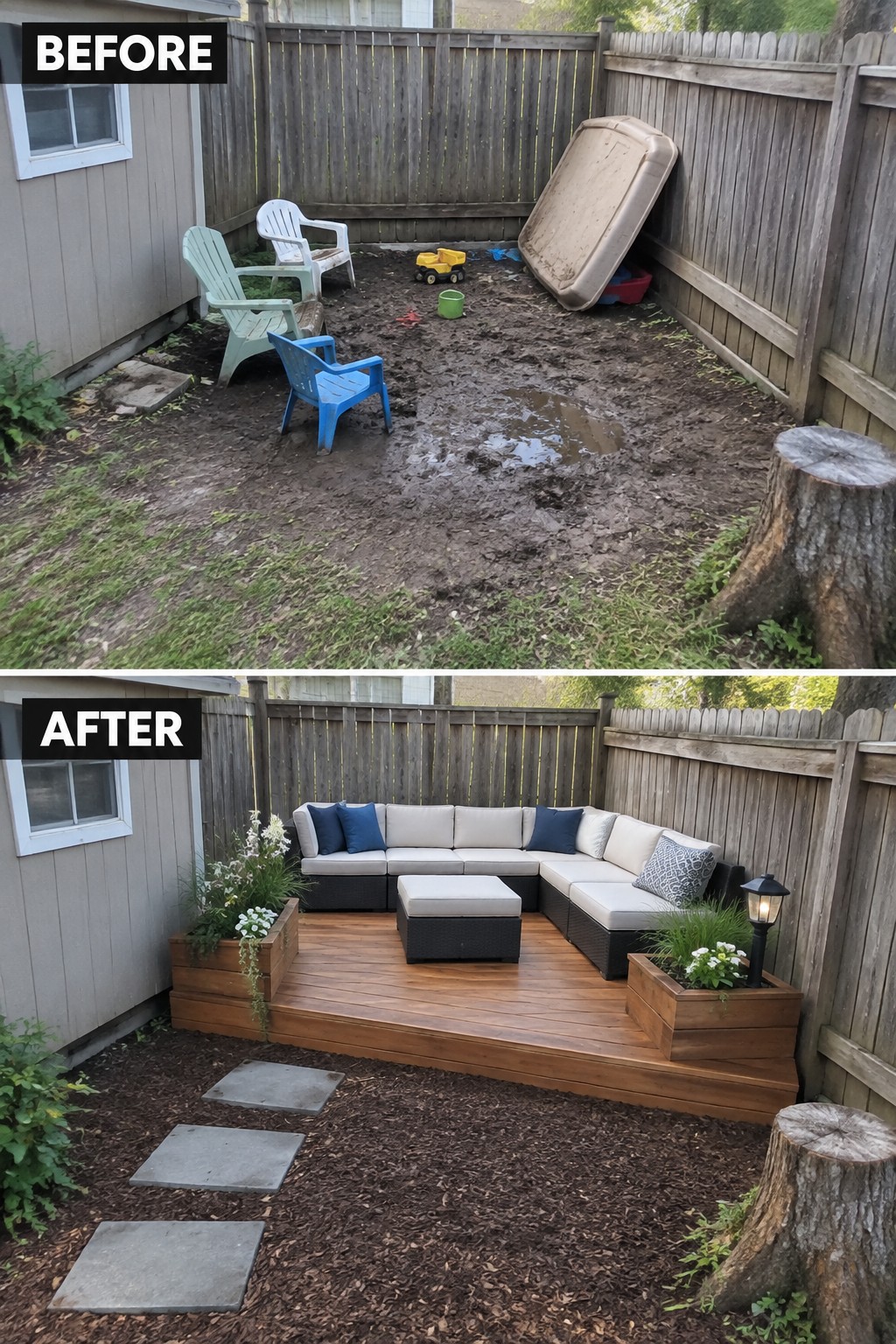 Before-and-after image of a muddy backyard with scattered plastic chairs changed into a wooden deck with a sectional sofa and planters.