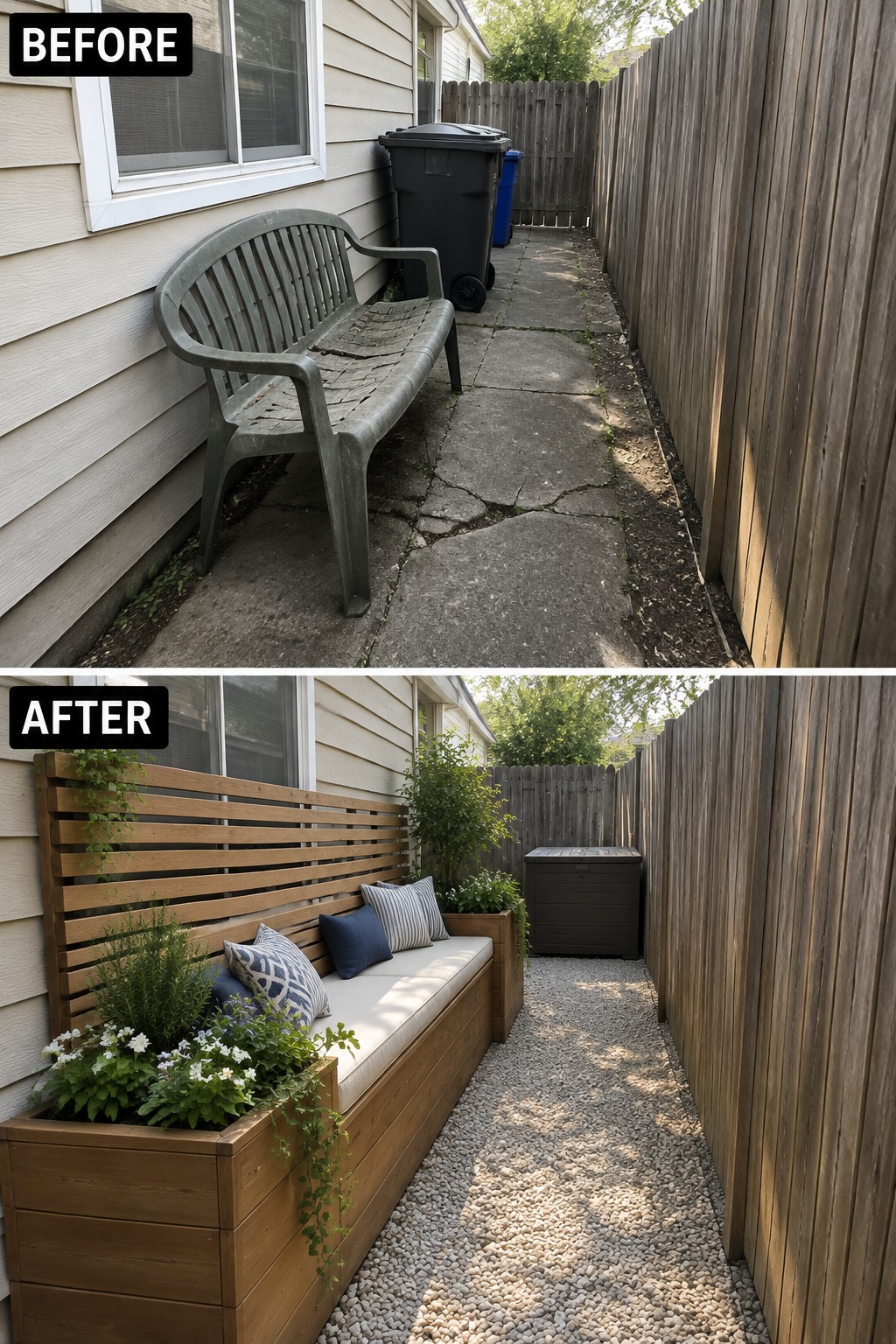 Before-and-after image of a side yard with a plastic bench transformed into a long wooden built-in bench with cushions and planters along a gravel path.