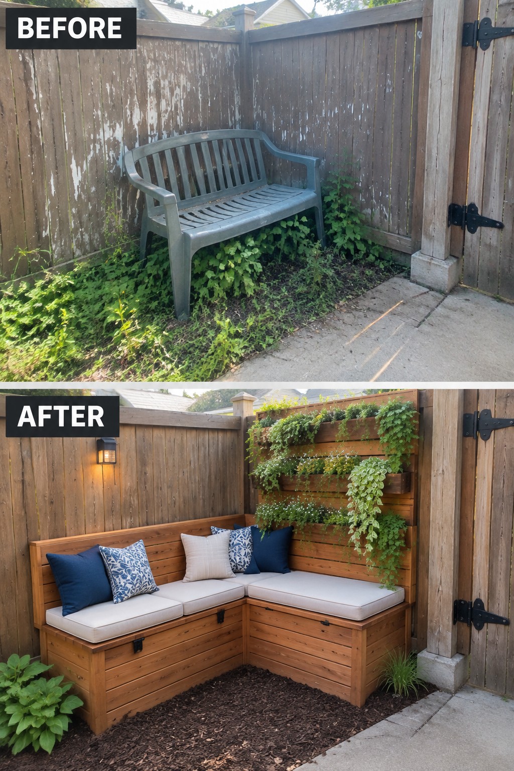 Before and after of backyard corner with bench, cushions, and vertical planters