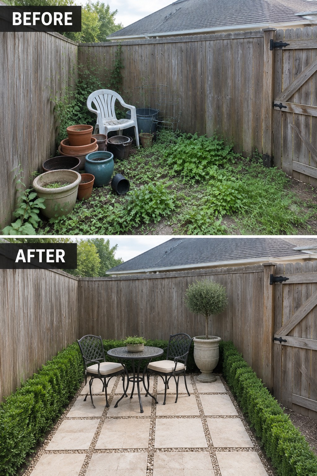 Before and after backyard transformation from overgrown weeds to stone patio with furniture