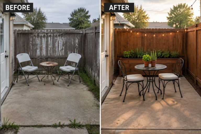 Before and after backyard patio with chairs, table, string lights and planters