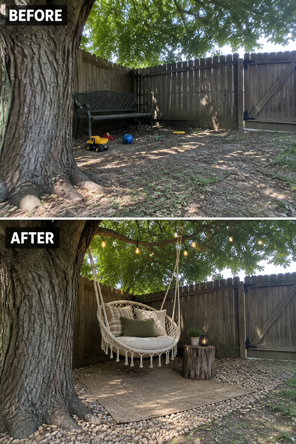 Before-and-after backyard with tree, fence, hanging swing chair, and string lights.
