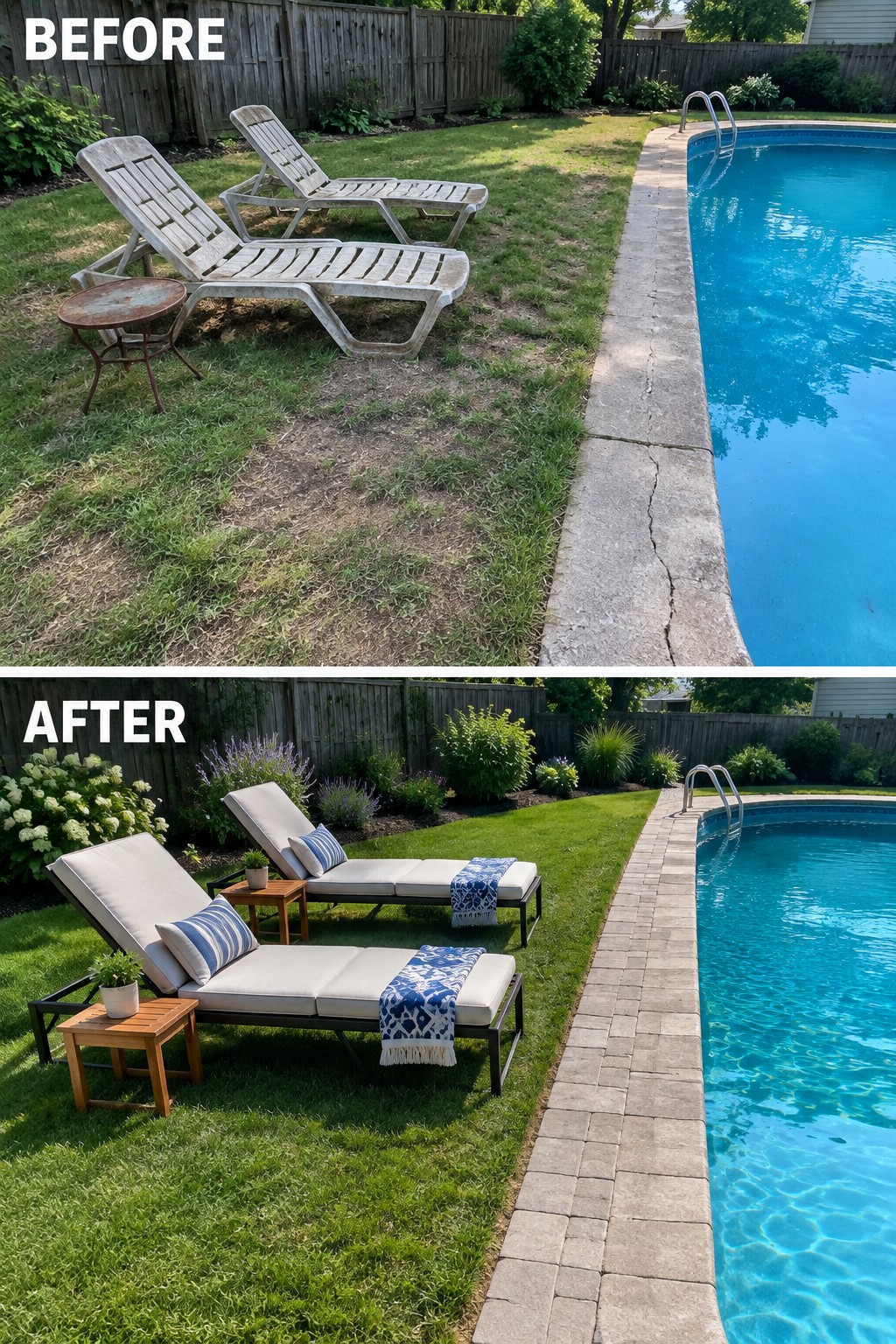Before and after poolside lounge chairs with old weathered furniture and modern cushioned seating