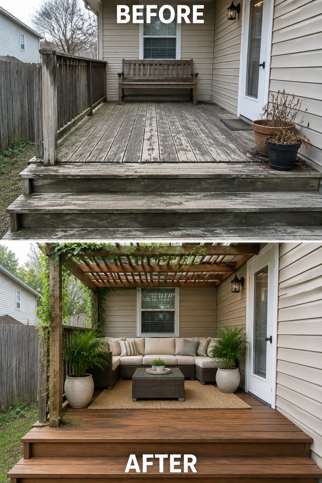 Before-and-after deck renovation: weathered gray wood to stained brown with pergola and seating.