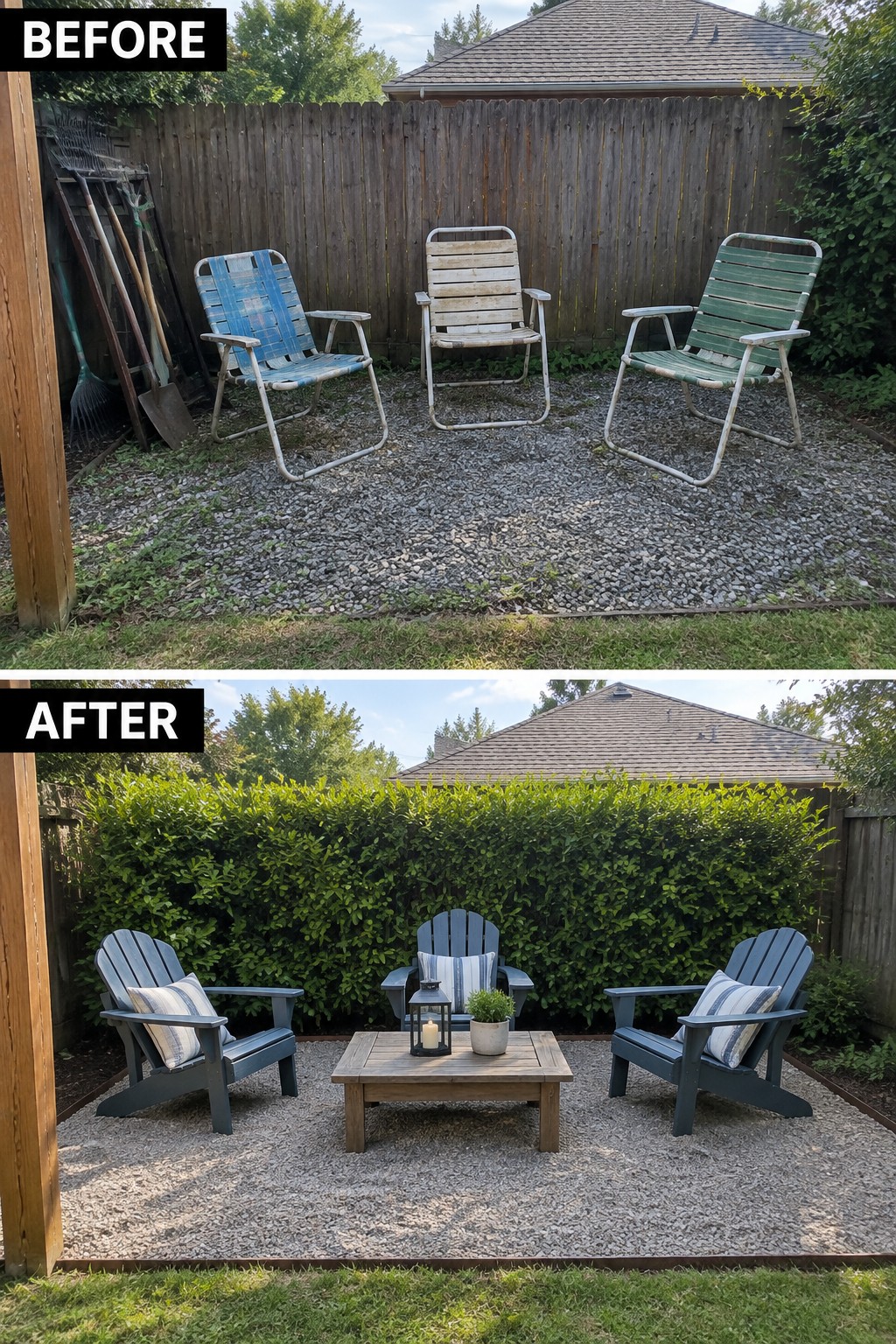 Before and after backyard renovation replacing worn chairs with blue Adirondack chairs and wooden table
