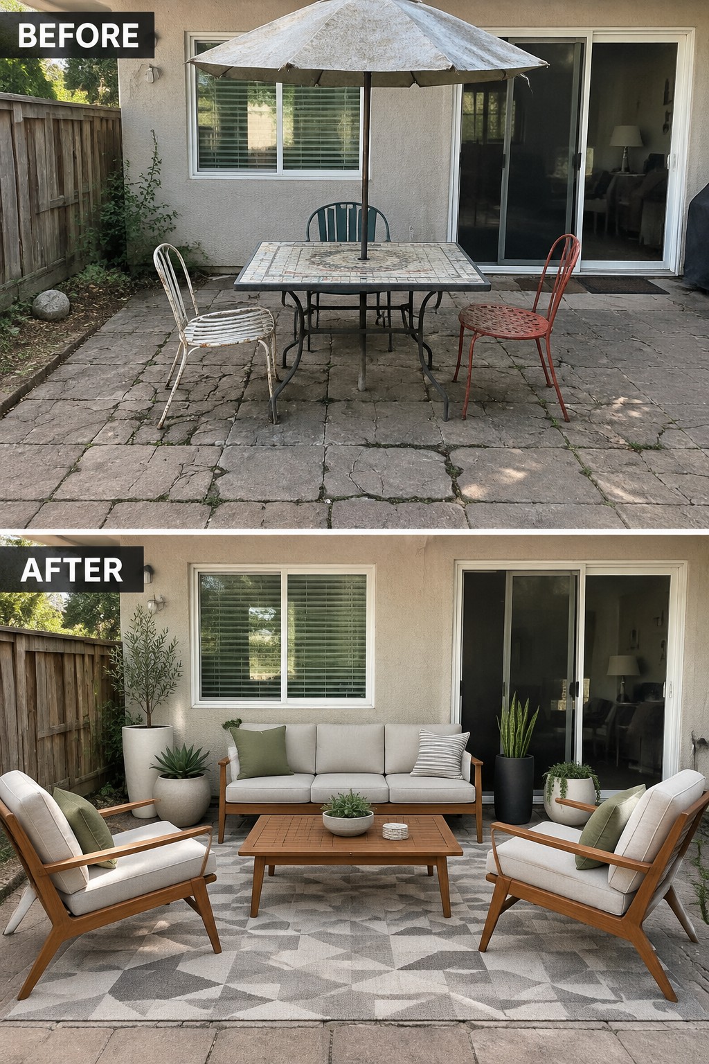 Before and after patio with worn metal furniture replaced by modern sofa and chairs on rug