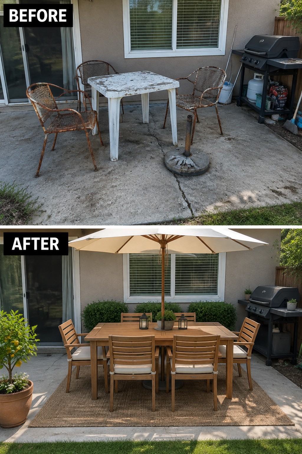 Before rusty patio set on cracked concrete, after with wooden table, umbrella and rug.