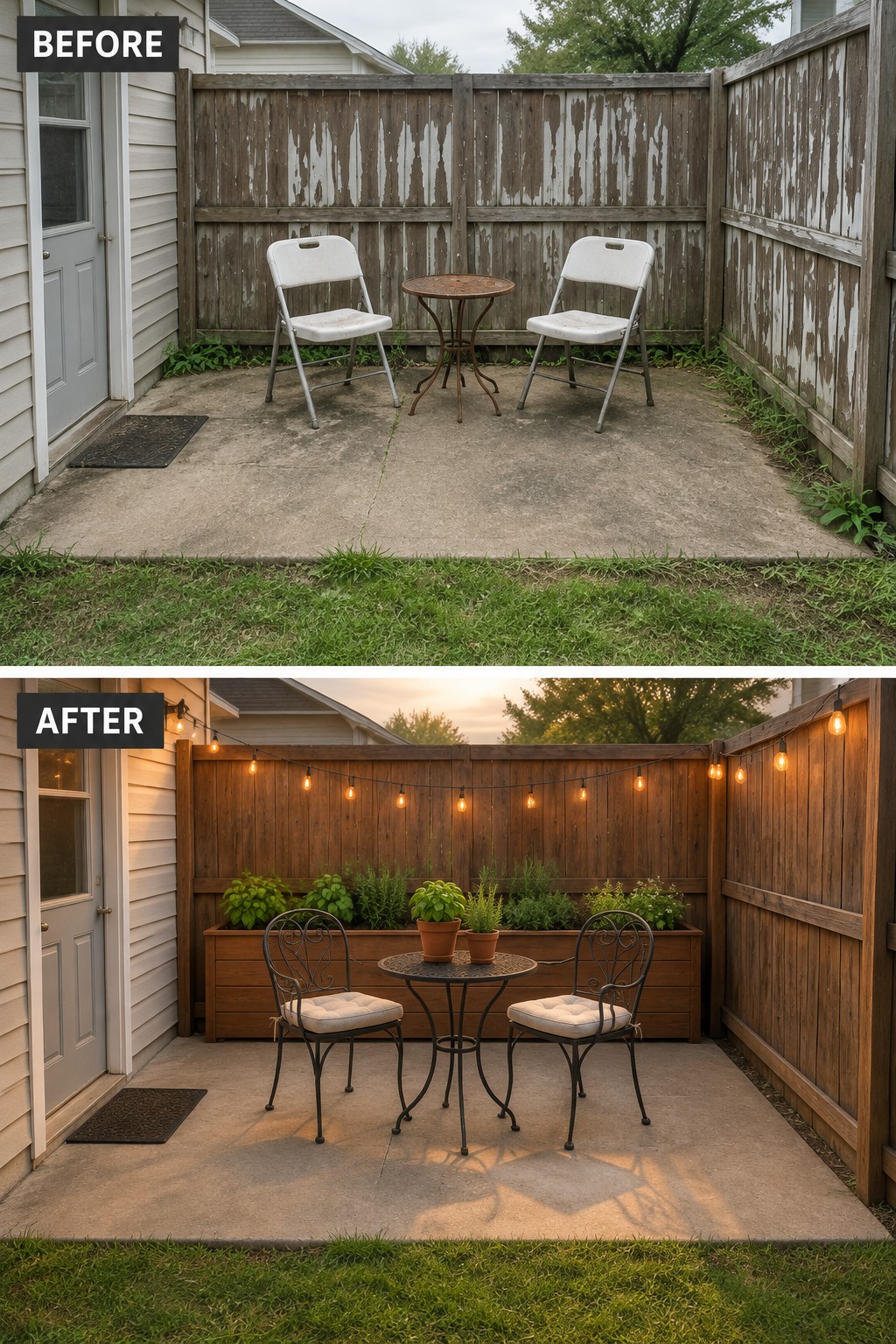 Before and after backyard patio with chairs, table, string lights and planters