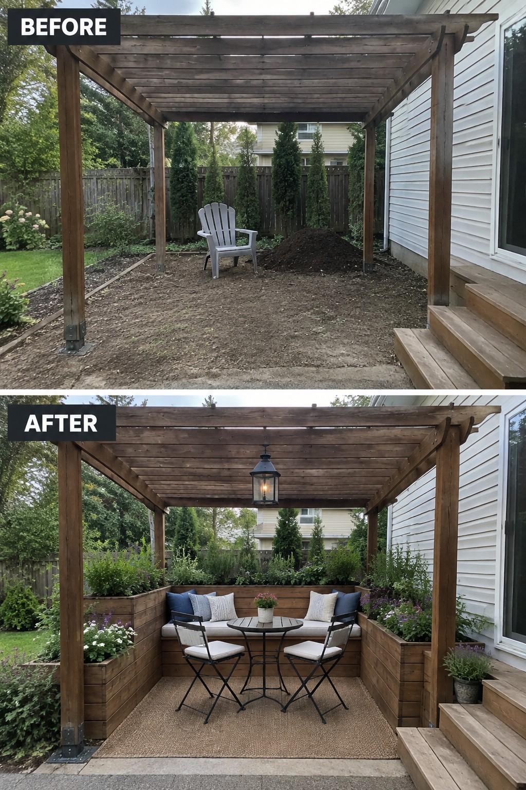 Before-and-after pergola: bare dirt with lone chair above, furnished patio with plants and seating below.