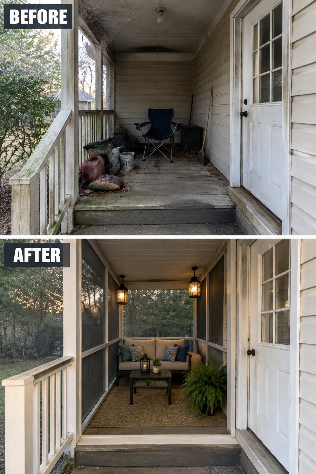 Before-and-after porch makeover from cluttered mess to cozy screened seating area
