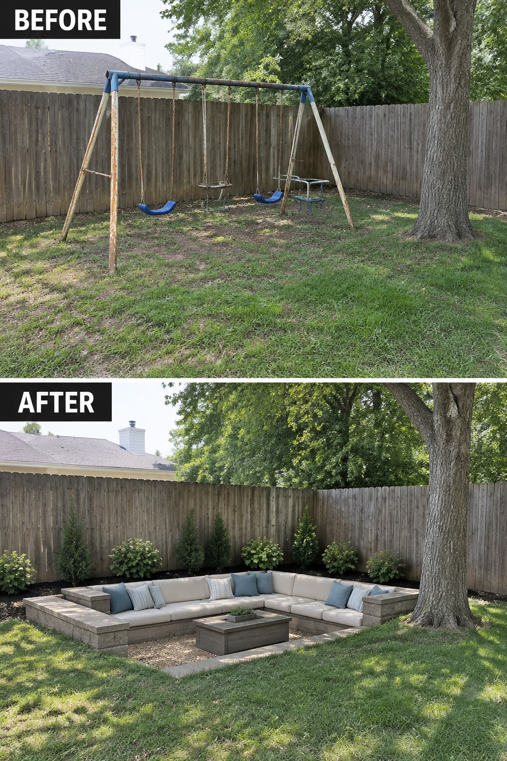 Before rusty swing set on lawn, after modern sectional sofa lounge with fire pit