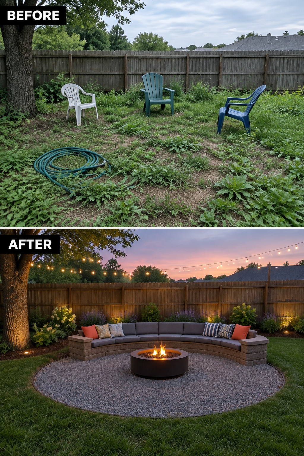 Before-and-after image of an overgrown backyard transformed into a landscaped seating area with a curved bench, fire pit, and string lights.