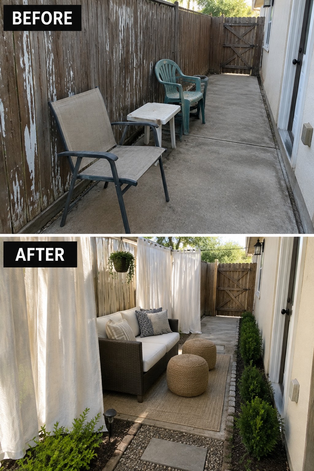 Before and after of narrow backyard patio with new sofa, curtains, and plants.