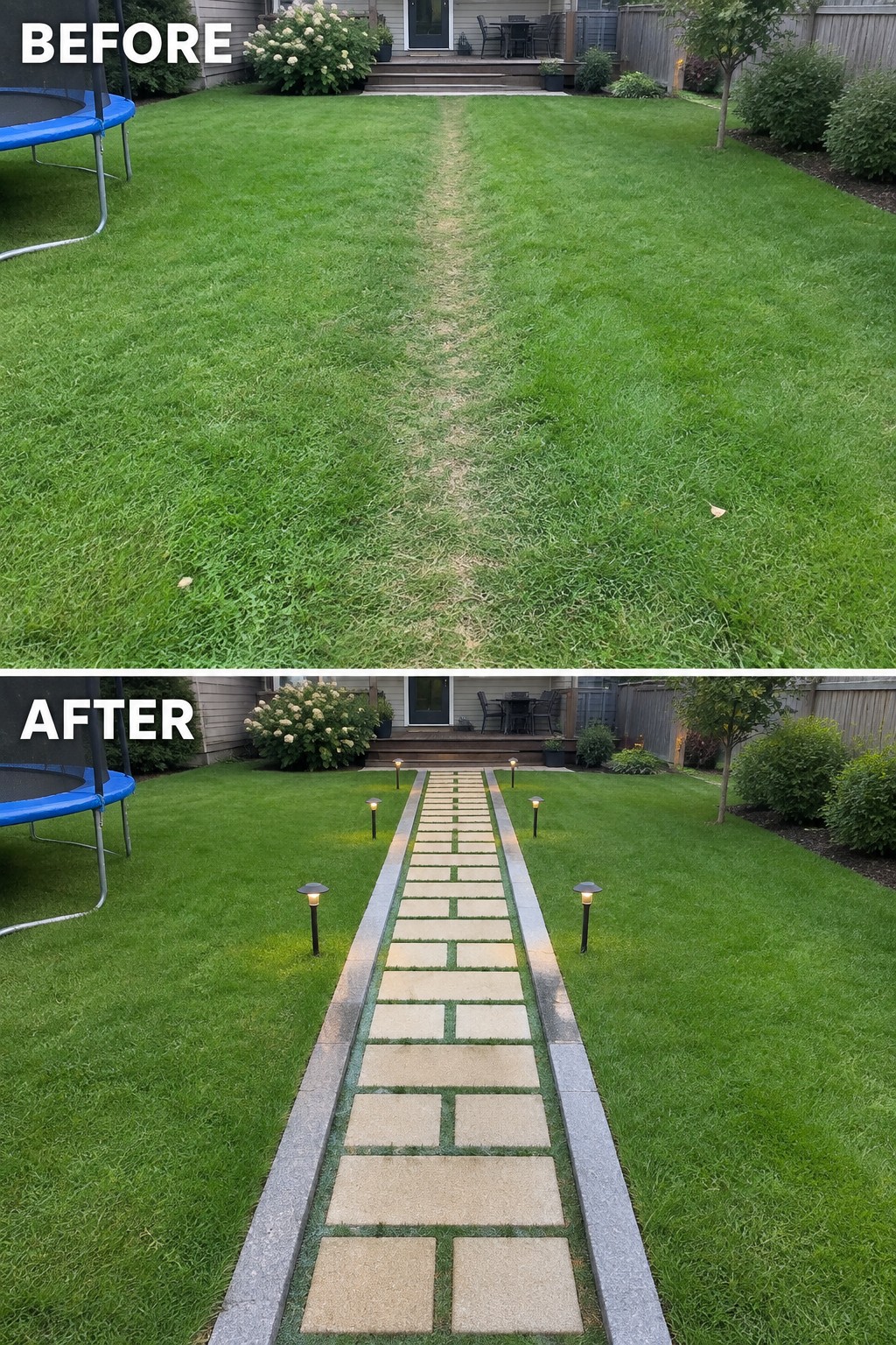Before and after backyard with new stone pathway and glowing lights.