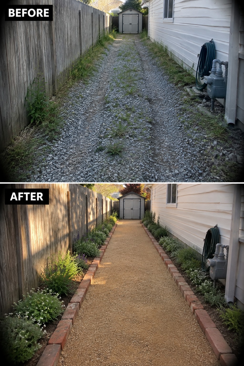 Before-and-after image of an overgrown gravel pathway changed into a defined path with brick borders and planted beds along both sides.