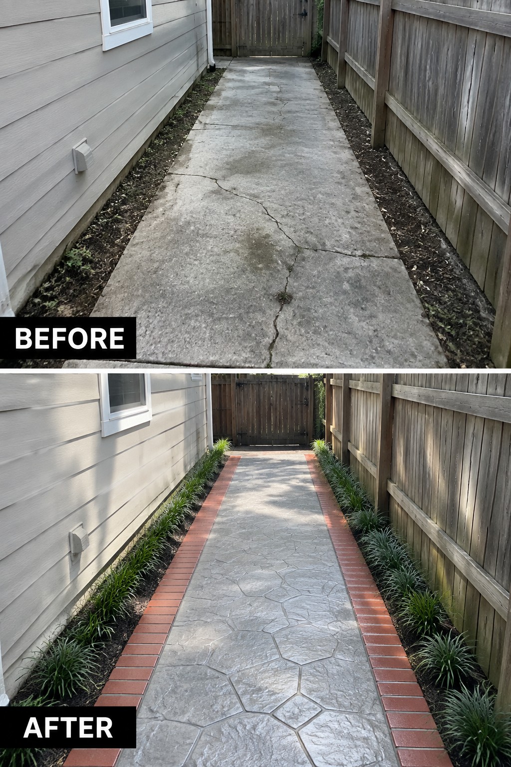 Before cracked gray path and after stamped concrete walkway bordered by red bricks and plants.