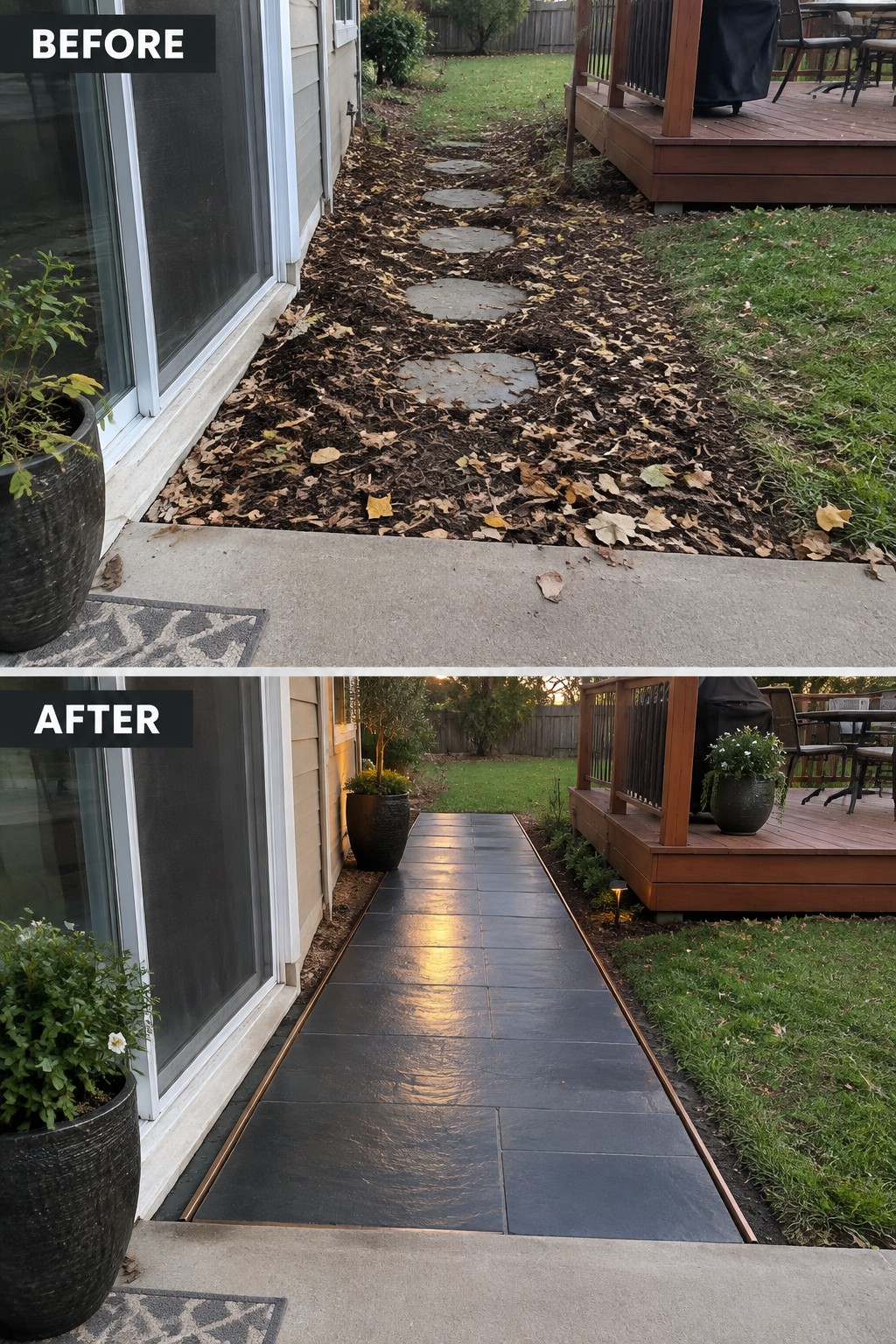 Before and after of leaf-covered stepping stone path transformed into sleek dark tiled walkway