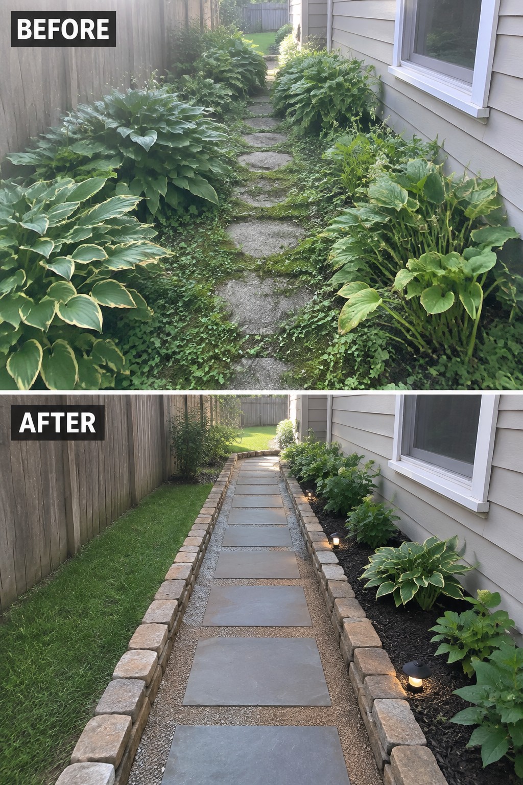 Before-and-after garden path from overgrown plants to neat stone pavers with lights and borders.