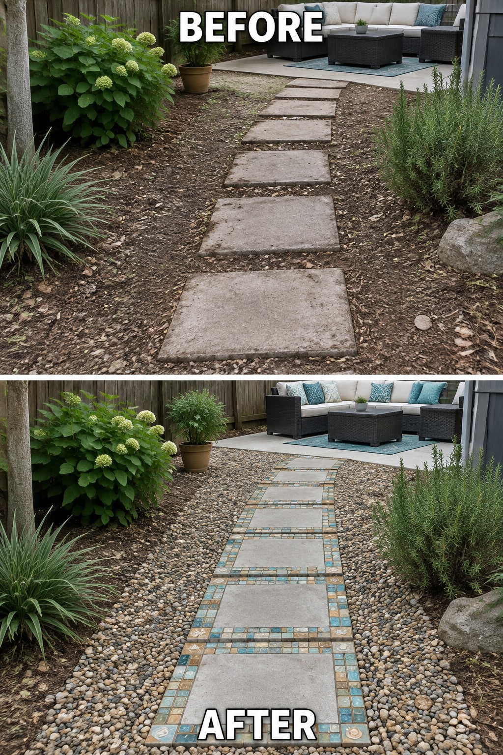 Before-and-after image of a backyard path changed from loose stones on dirt to stones set in gravel with decorative tile borders.