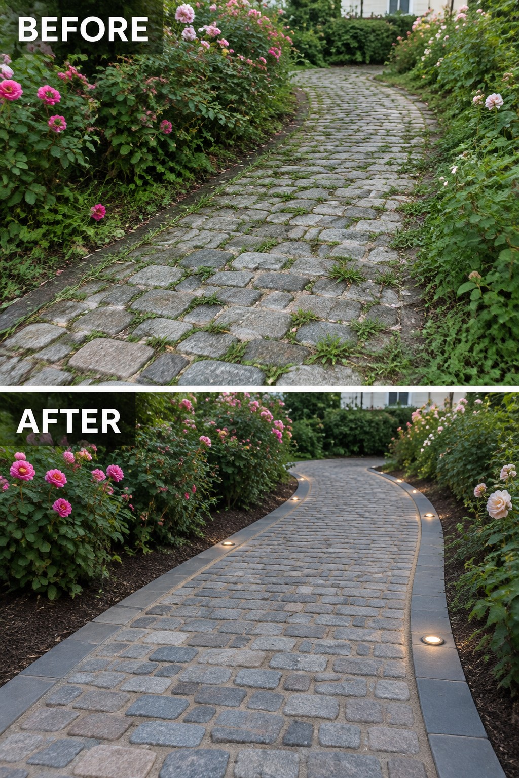 Before-and-after image of a cobblestone garden path updated with clean borders and embedded lighting.