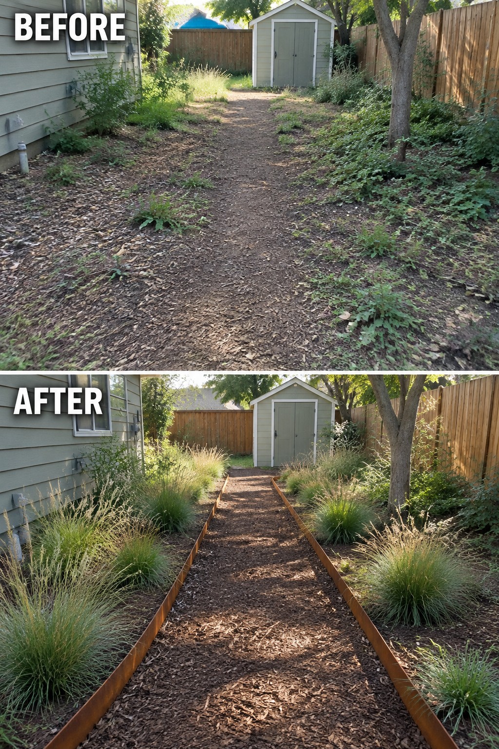 Before-and-after image of an overgrown backyard path changed into a clean walkway with rusted metal edging, mulch, and ornamental grasses defining the borders.