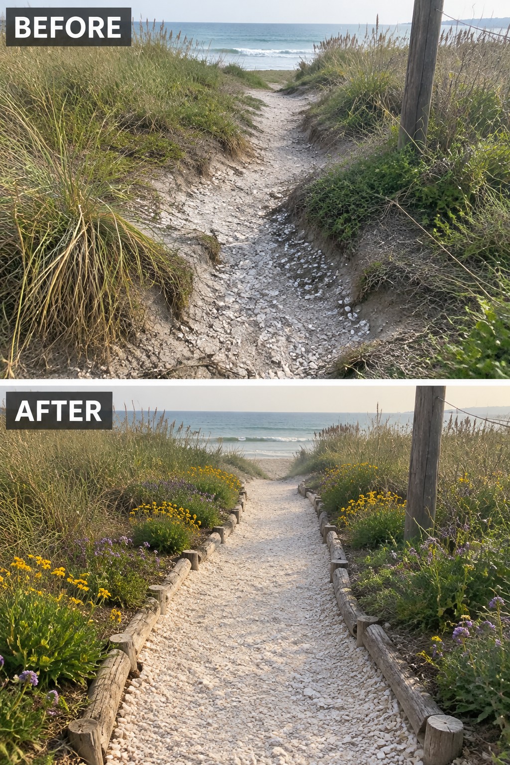 Before and after of sandy beach path lined with wildflowers and log borders.