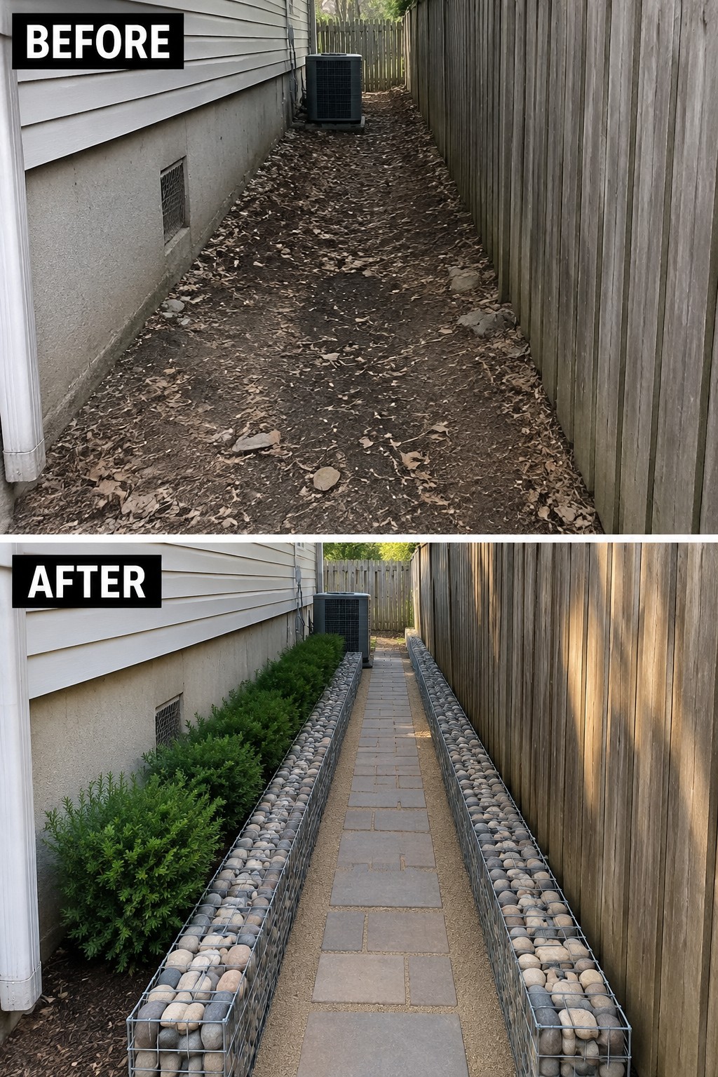 Before-and-after image of a narrow side yard path transformed with gabion rock borders and a central paver walkway.