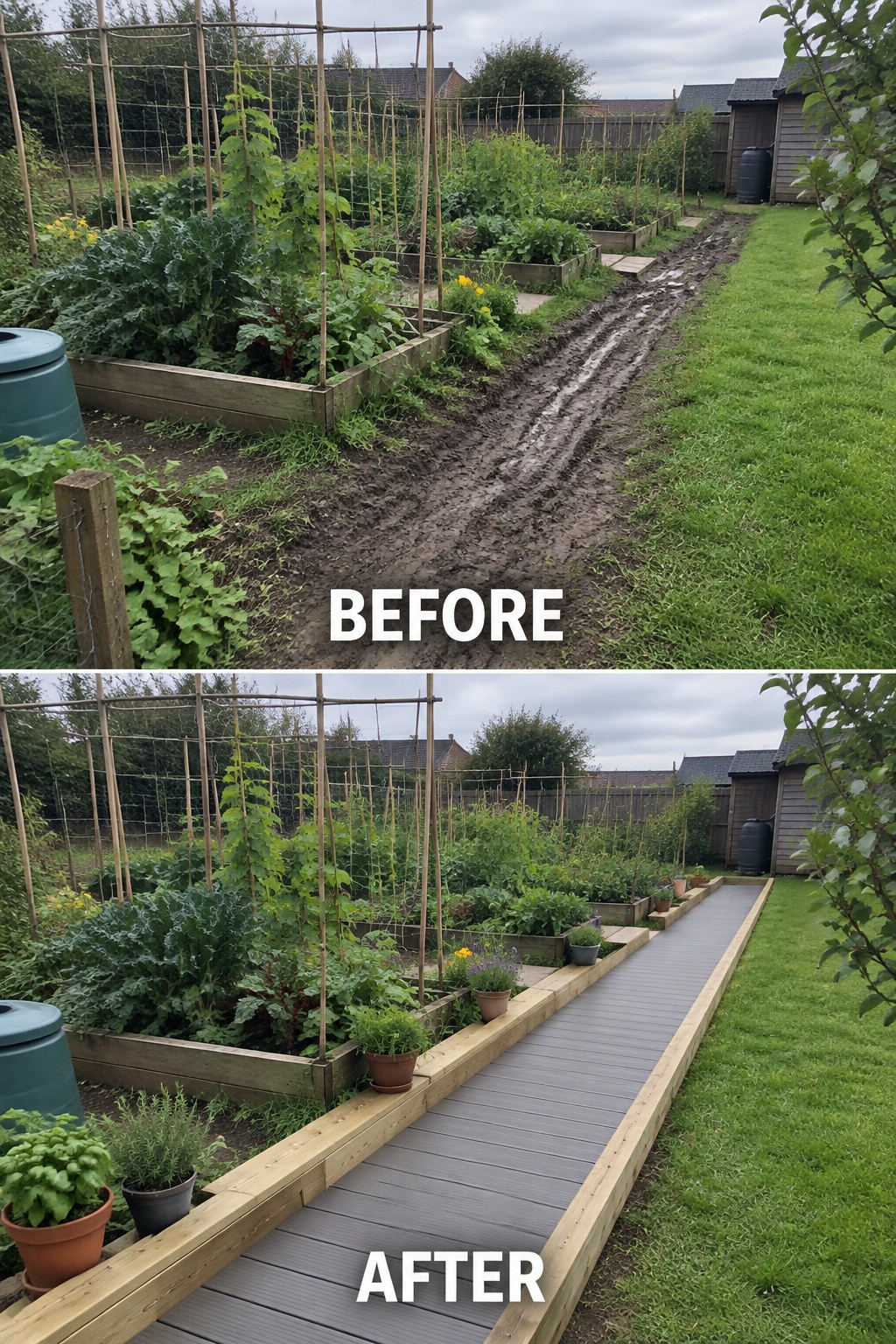 Before and after garden path: mud replaced by gray wooden decking walkway.