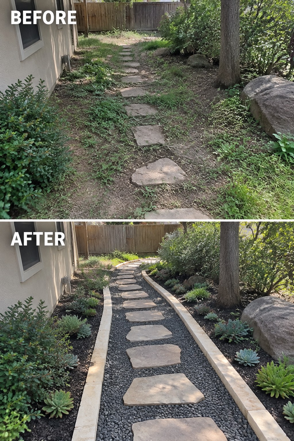 Before and after of weedy backyard path transformed into neat gravel path with plants.