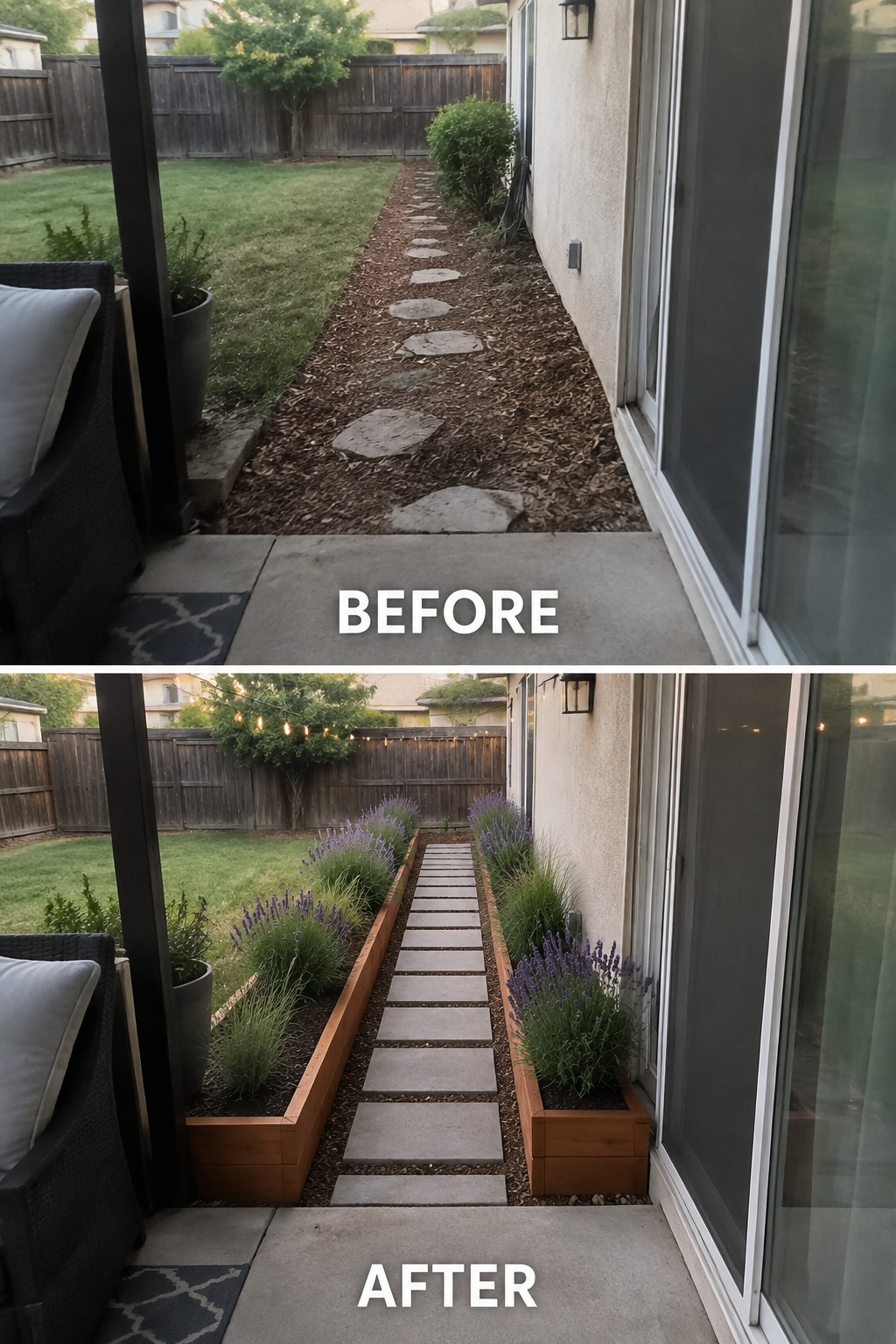 Before-and-after backyard path with stepping stones transformed into lavender-lined wooden planters and pavers