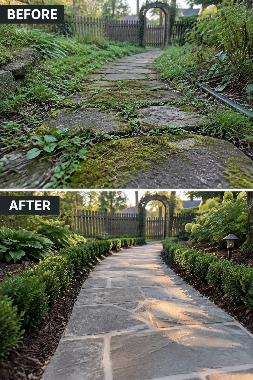 Before-and-after image of an overgrown stone pathway transformed into a clean walkway with defined planted borders and mulch edging.