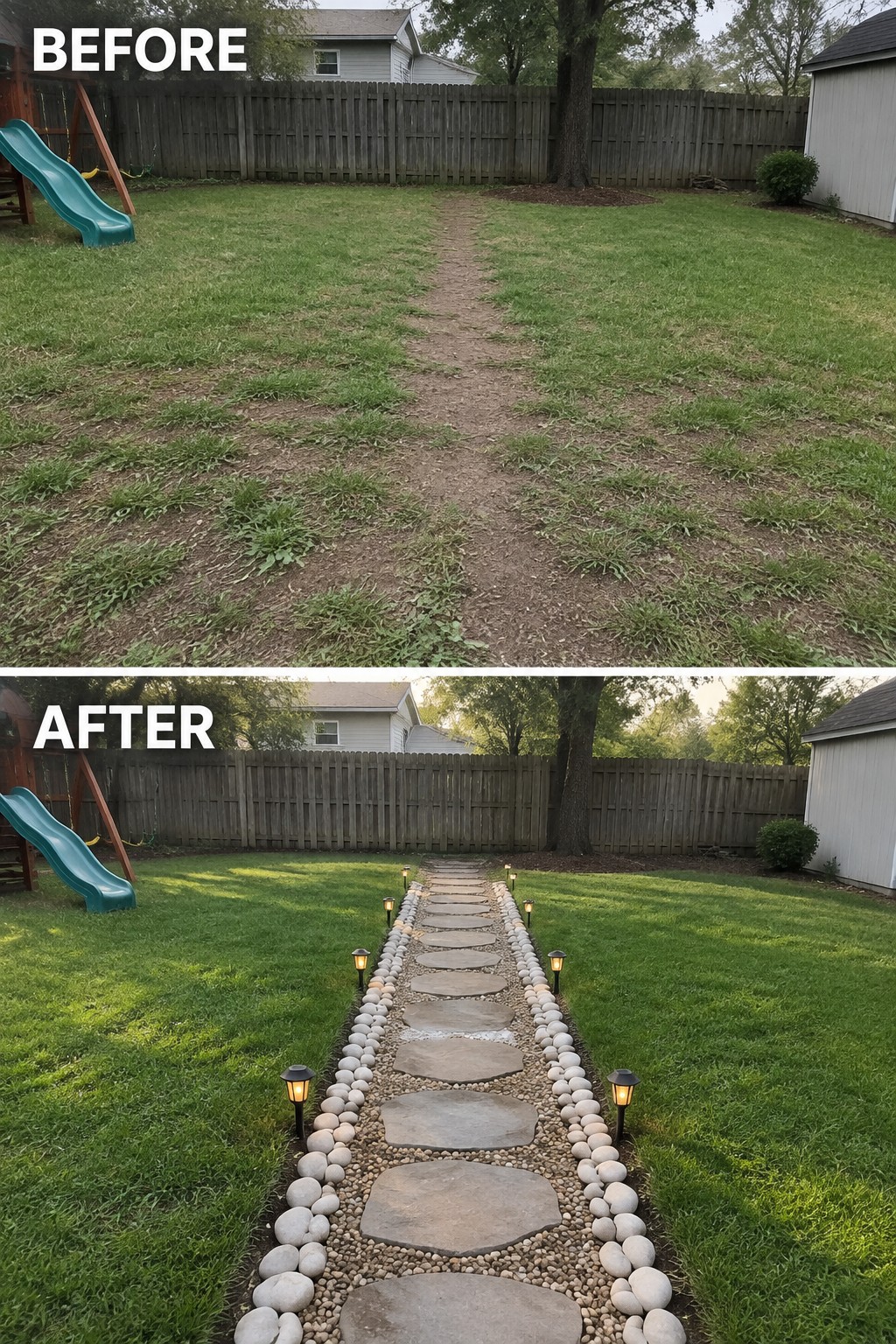 Before-and-after image of a backyard dirt path transformed into a stone walkway with white rock borders and lights.