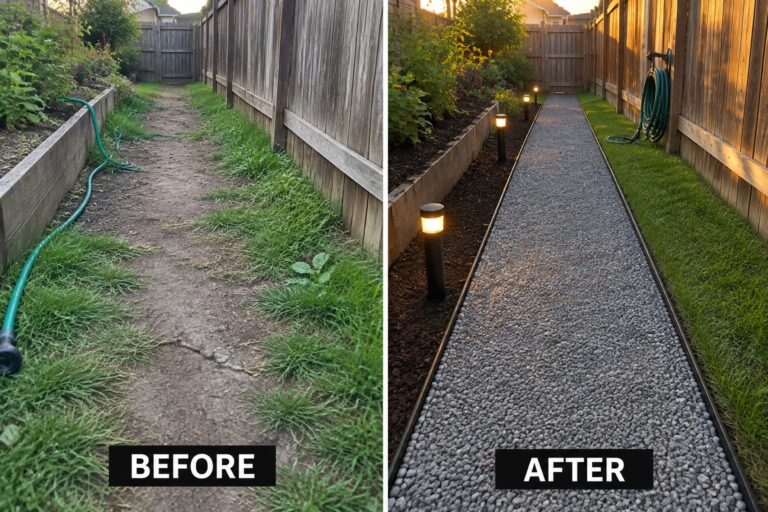 16 Practical Backyard Pathway Remodel Ideas With Defined Borders Before-and-after image of a muddy backyard path changed into a clean gravel walkway with metal edging and solar lights.