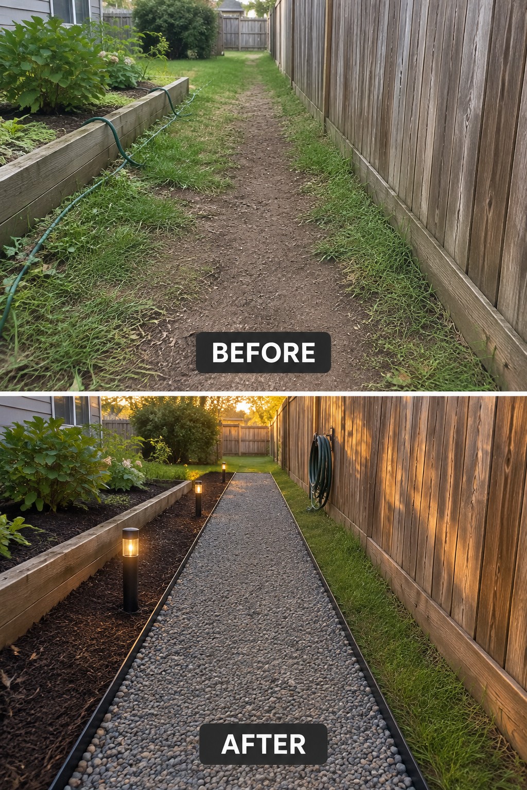 Before-and-after image of a muddy backyard path changed into a clean gravel walkway with metal edging and solar lights.