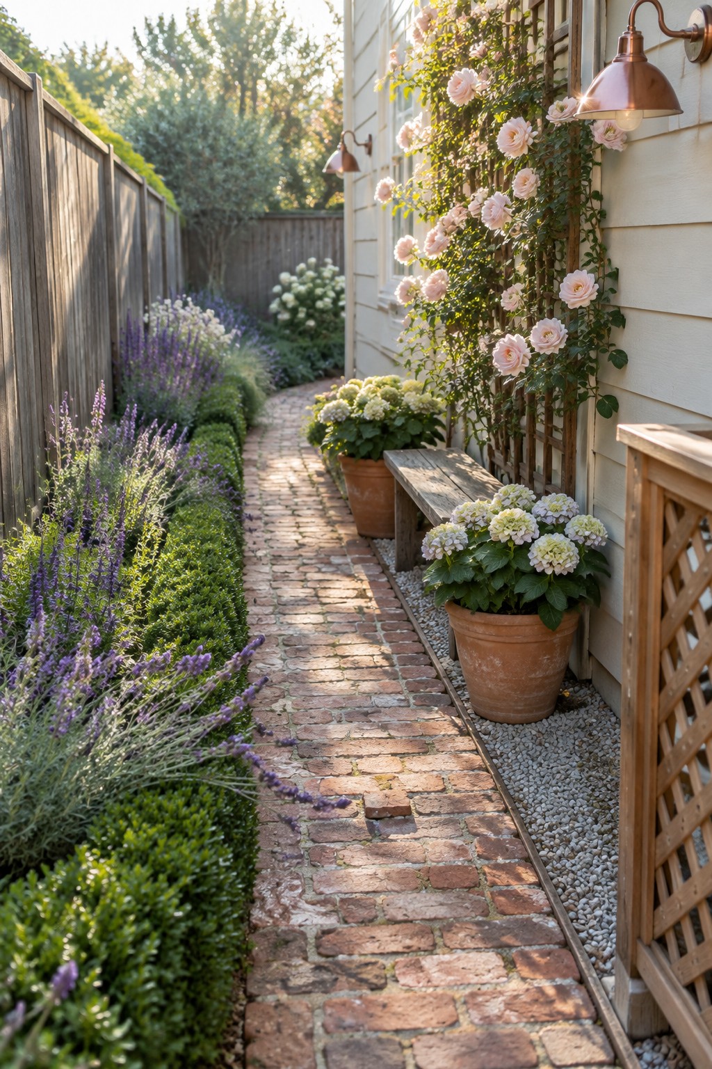 A narrow brick pathway runs between a wooden fence lined with lavender and green shrubs on the left and a house wall with climbing roses, potted hydrangeas, and a wooden bench on the right.