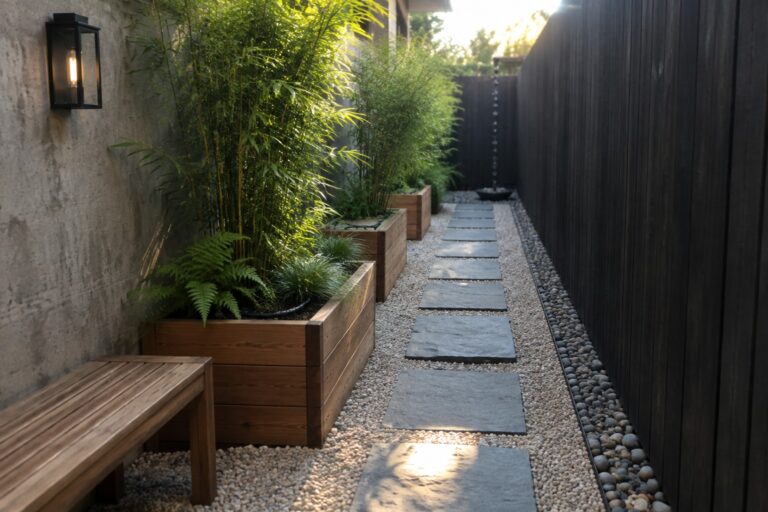 16 Realistic Landscaping Ideas for Narrow Side Yards Narrow garden path with stone pavers, wooden planters, bench, and black fence.