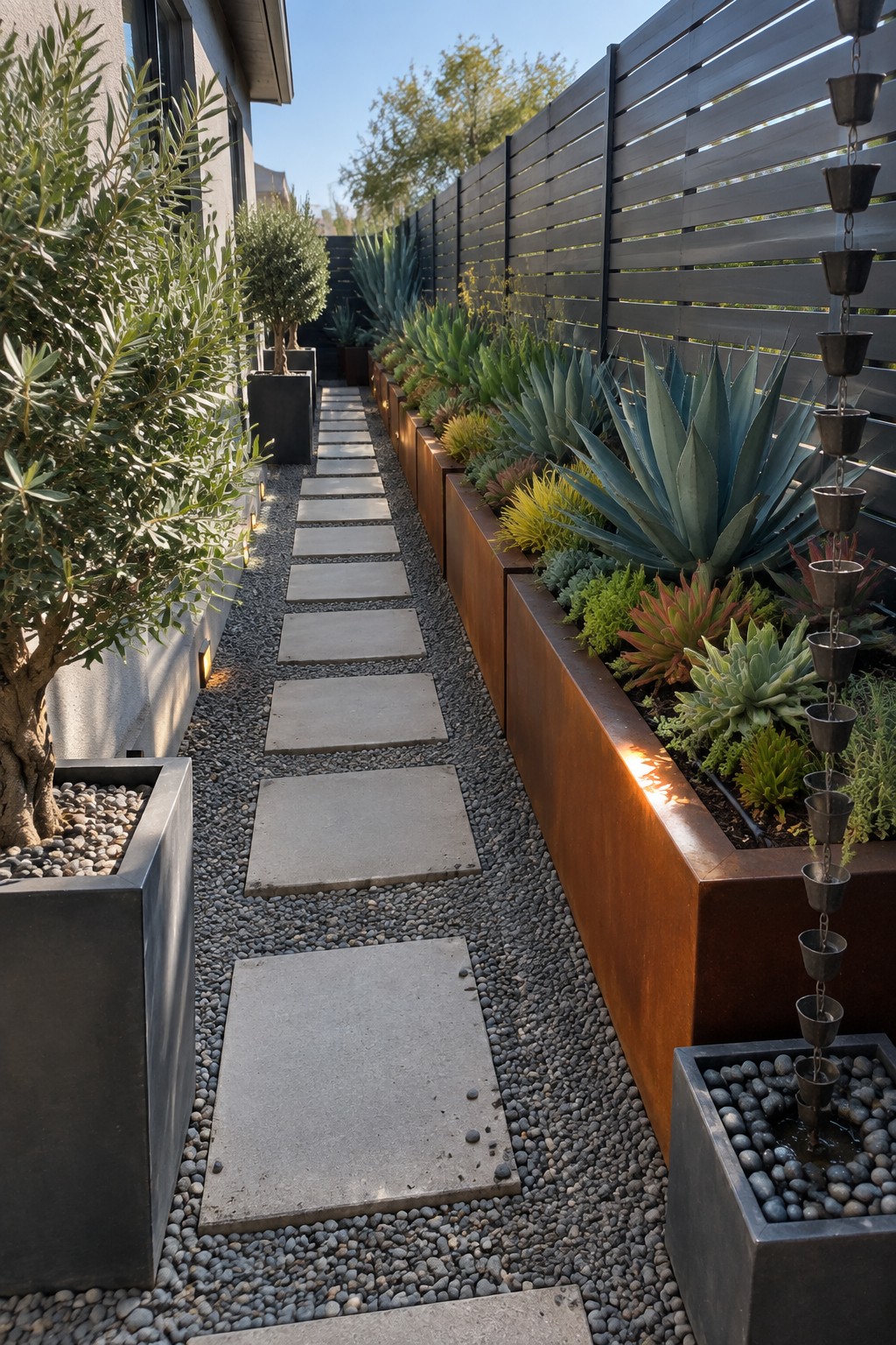 A narrow side yard path made of rectangular concrete stepping stones set in gray gravel runs beside a long raised rusted metal planter filled with succulents and agave.