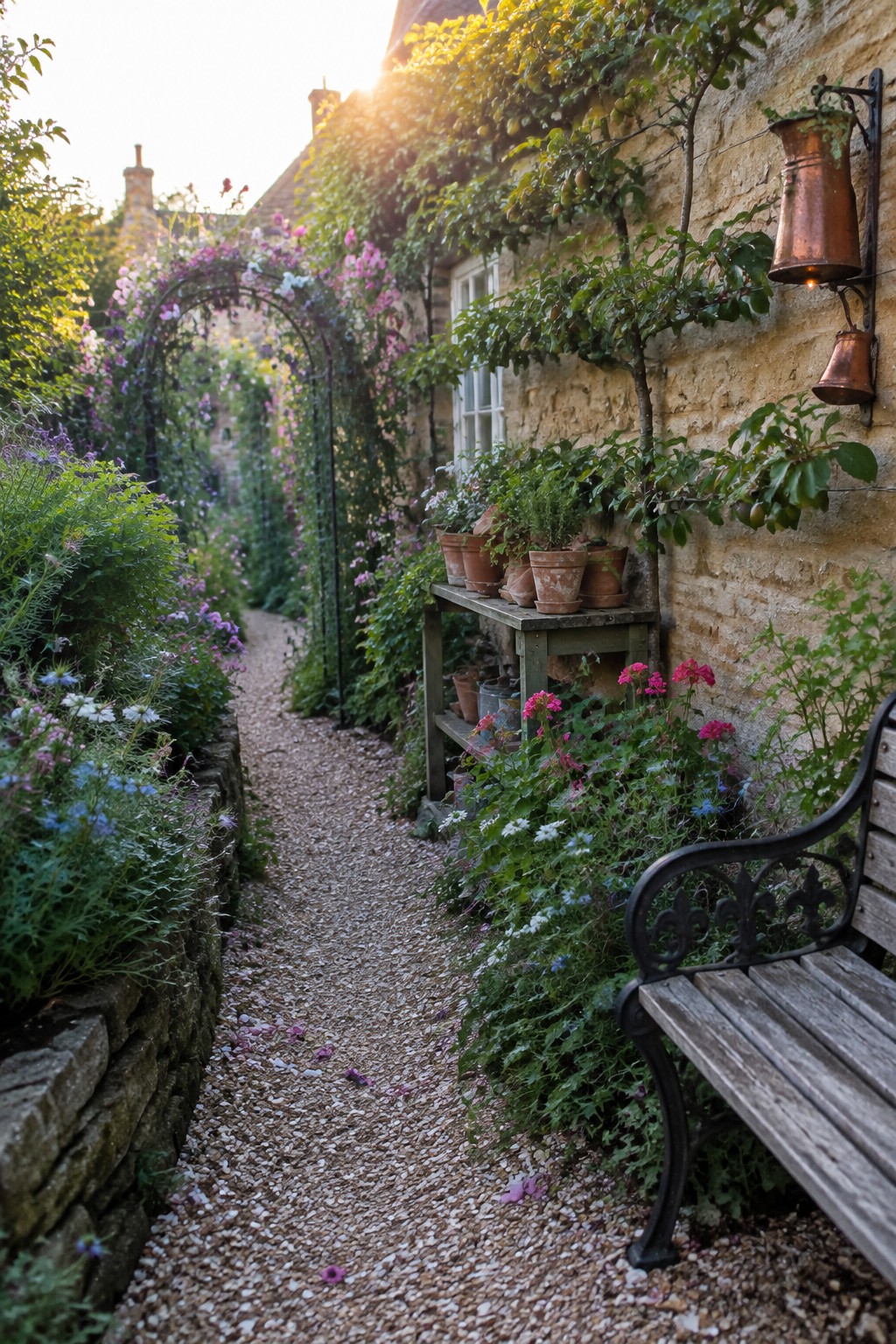 A narrow gravel path runs between a stone house and a low wall, bordered by dense flowers, potted plants on a bench, and a wooden seat in the foreground.
